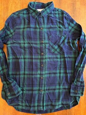 Blue and Green Plaid Cotton Button-Down Shirt | Women Size Medium | Old Navy